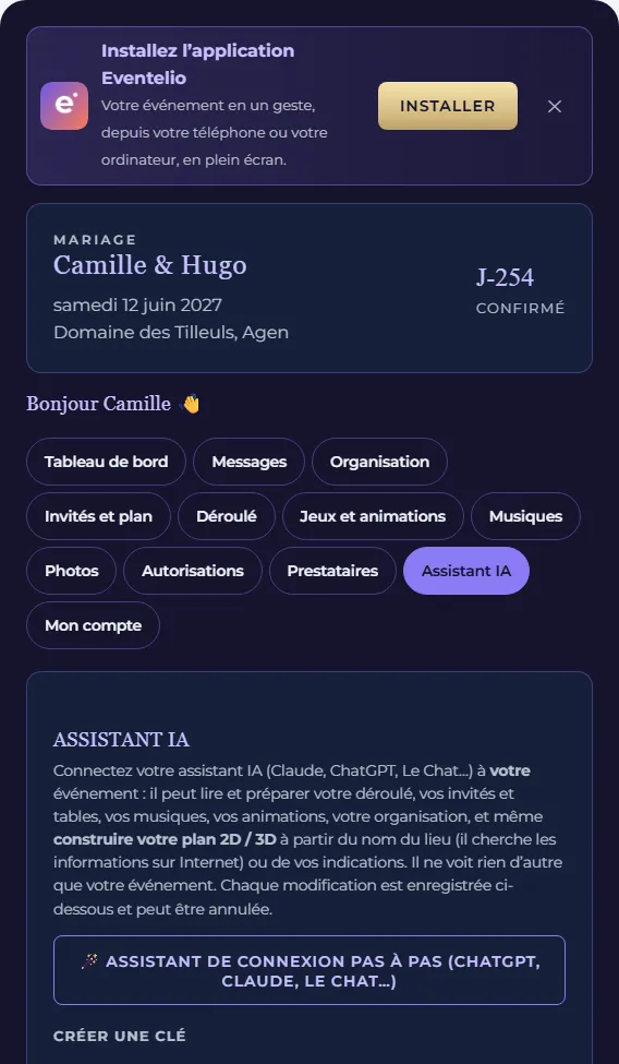 Onglet « Assistant IA » de l’espace client : connexion de ChatGPT, Claude ou Le Chat avec un assistant pas à pas