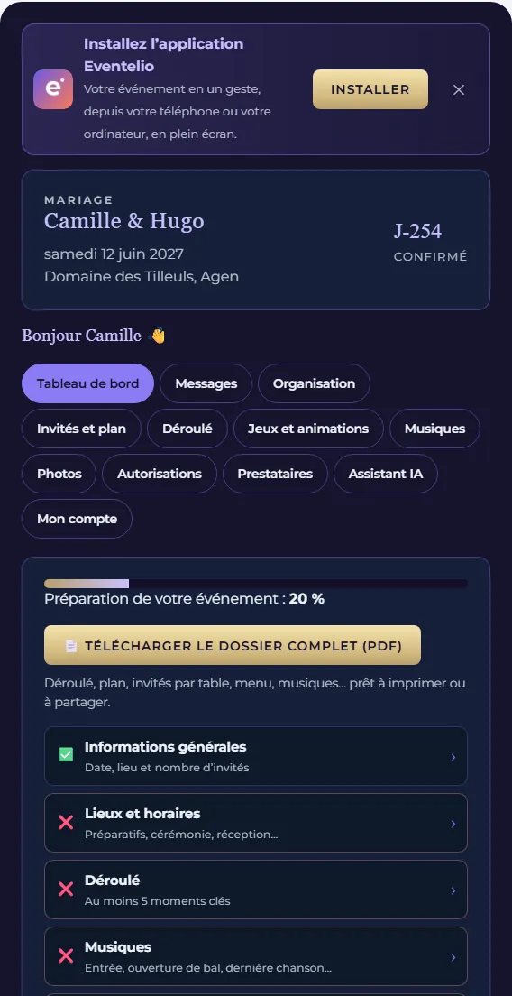 Espace client d’Eventelio sur téléphone : dates du mariage, progression de la préparation et rubriques