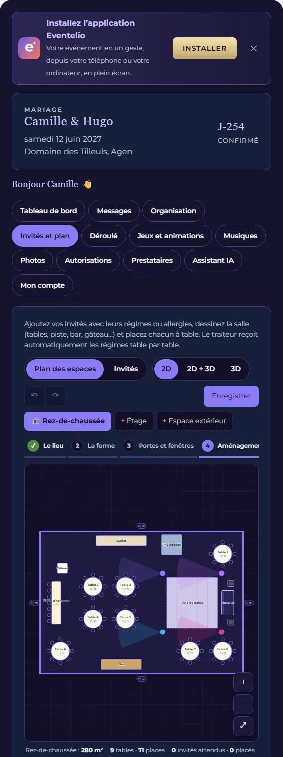 Invités et plan de salle dans l’espace client : étapes du plan, tables disposées sur la salle et palette d’éléments