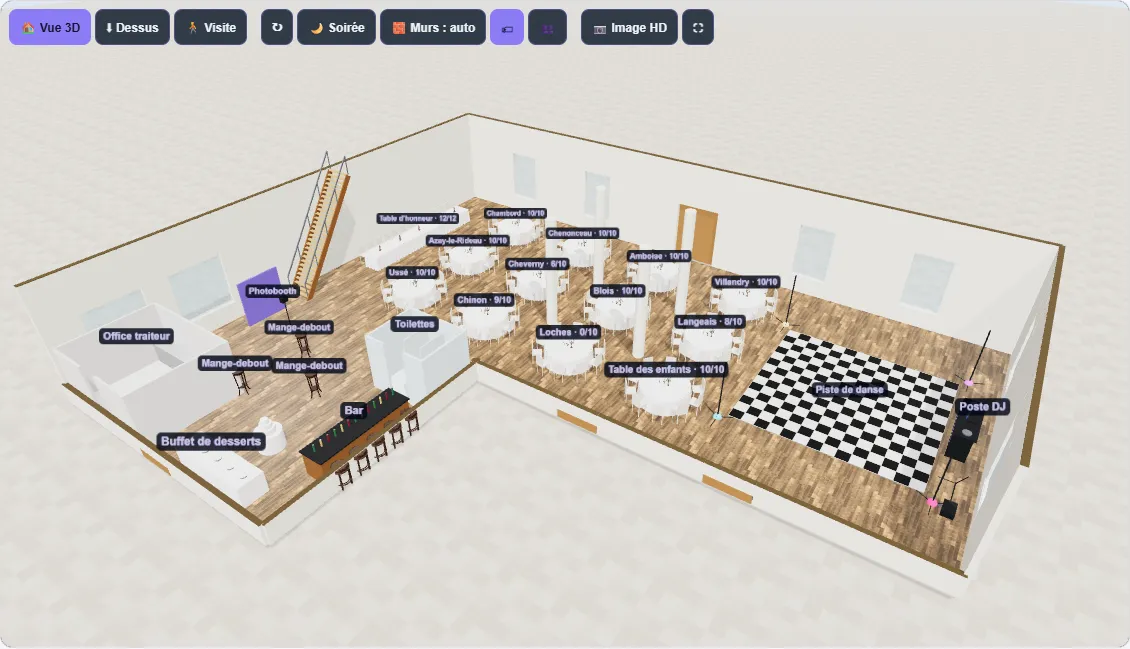 Plan 3D d’une salle de réception vue de dessus : tables rondes, table d’honneur, bar, buffet de desserts, piste de danse et poste DJ