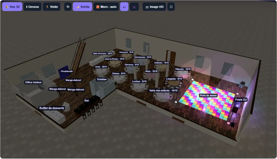 Plan 3D de la même salle en mode soirée : piste de danse éclairée, tables et poste DJ