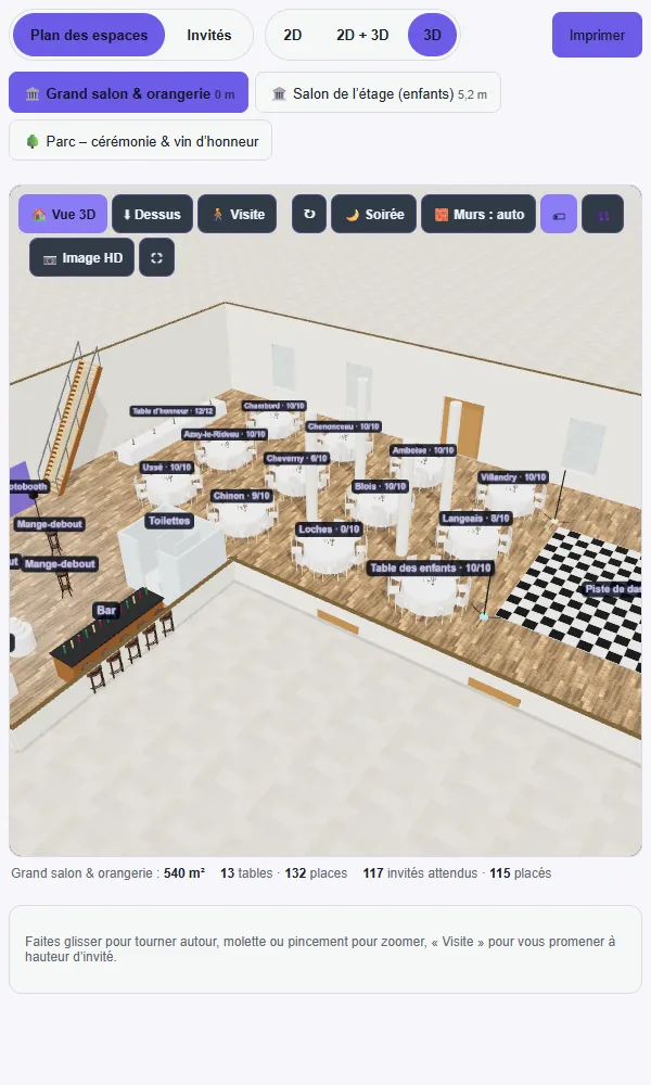 Vue 3D du plan de salle du mariage de démonstration affichée sur l'écran d'un téléphone, avec les boutons Vue 3D, Dessus, Visite et Image HD